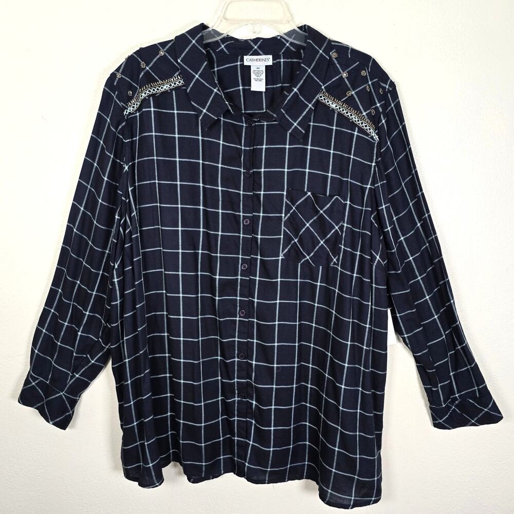 Catherines Blouse Women's 3X Blue Aqua Check Embellished Casual Classic Coastal